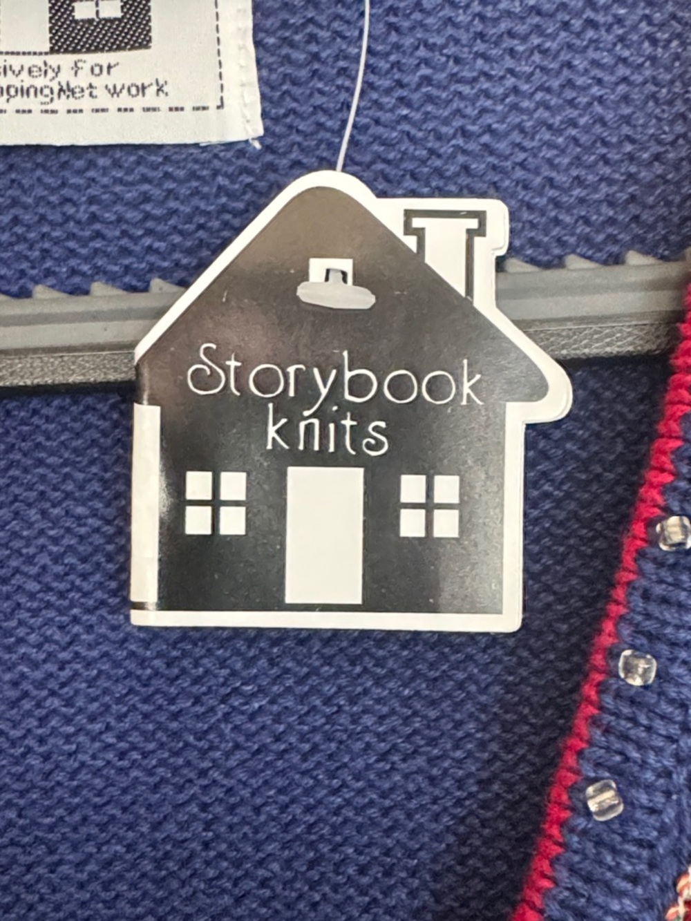 Storybook Knits Navy Blue Cardigan with Red Trim patriotic metallic stars - Picture 4 of 10